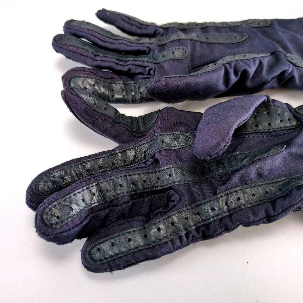 Vintage Isotoner Hands Beautiful Navy Stretch Gloves Long Cuff Leather‎ Trim OS